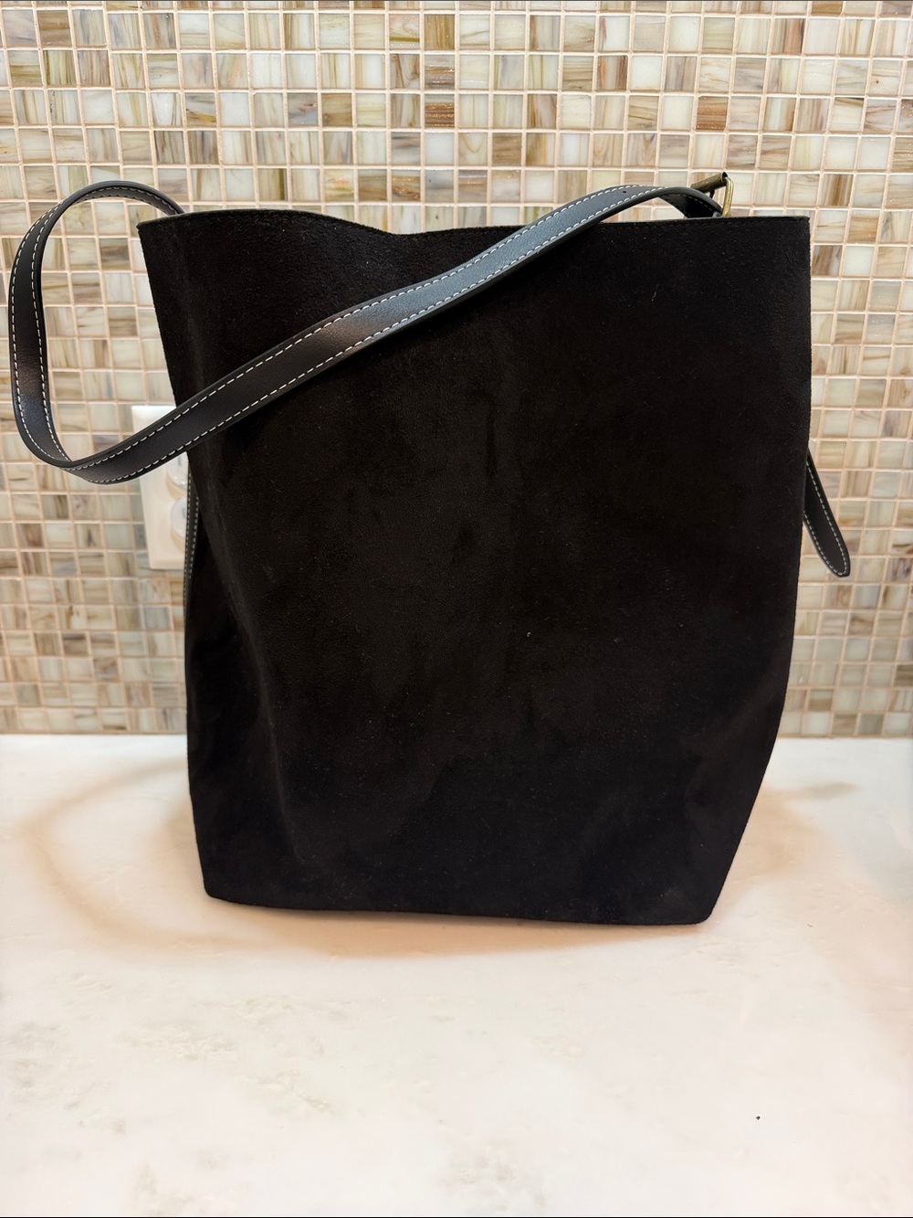 GAP Black Suede Shoulder Tote with Leather-Trim Strap
